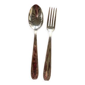 Set of 12 cutlery, 6 soup spoons and 6 forks in silver-plated metal, hallmark 84 and hallmark