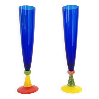 Pair of Blue Murano Glass Flutes by Bisazza & Rotella, Italy 2000