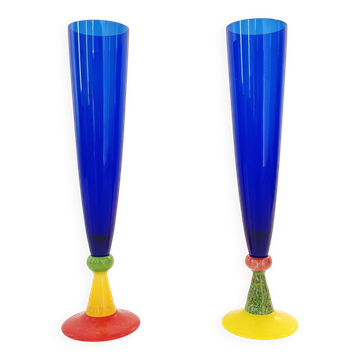 Pair of Blue Murano Glass Flutes by Bisazza & Rotella, Italy 2000