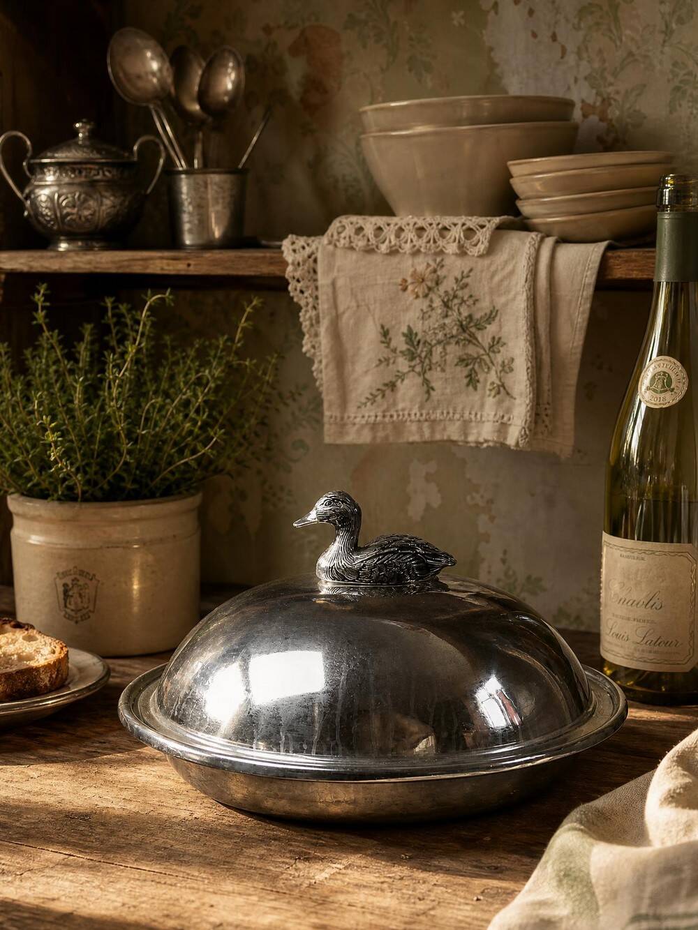 Vintage silver-plated foie gras bell duck handle from the 60s-80s.