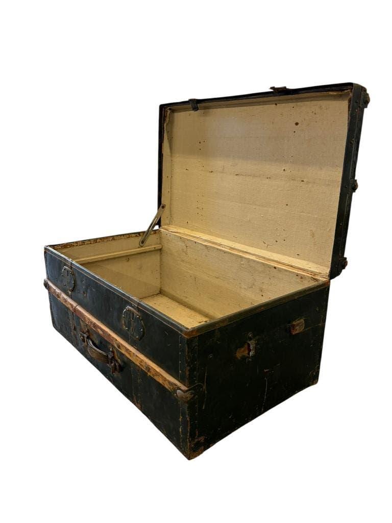 XL vintage green metal industrial trunk / travel trunk