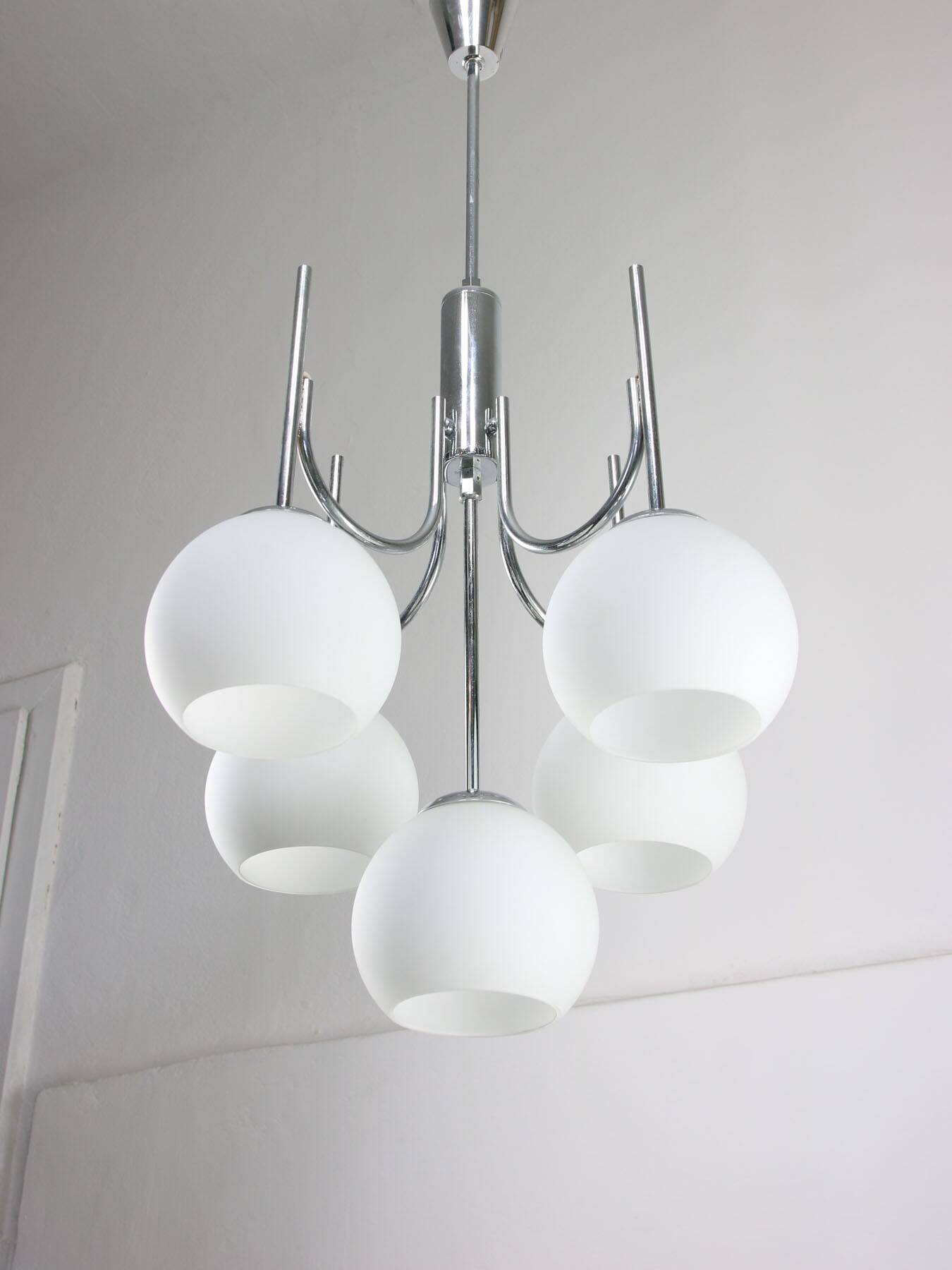 Vintage Italian Chrome and Opaline Chandelier, 1970s
