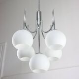 Vintage Italian Chrome and Opaline Chandelier, 1970s