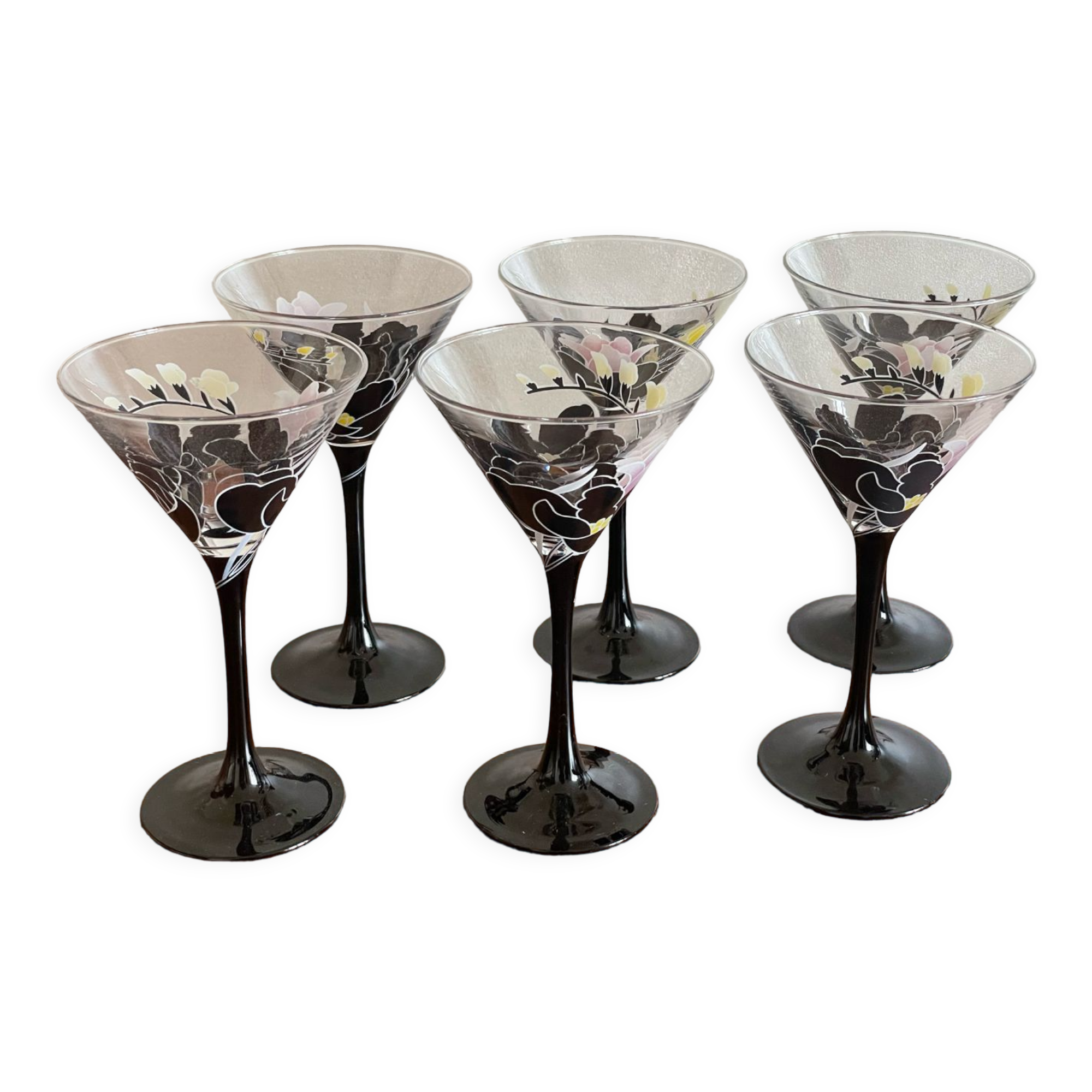6 verres coupes à pied décor fleurs Luminarc