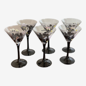 6 verres coupes à pied décor fleurs Luminarc