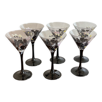 6 verres coupes à pied décor fleurs Luminarc