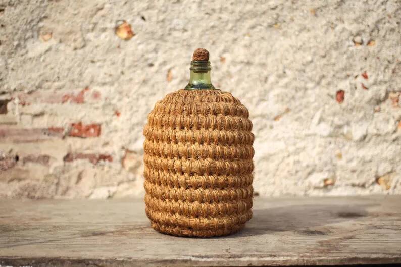 Lady Jeanne bottle, green glass bottle dressed in straw and wicker weaving, jar, vintage decor.