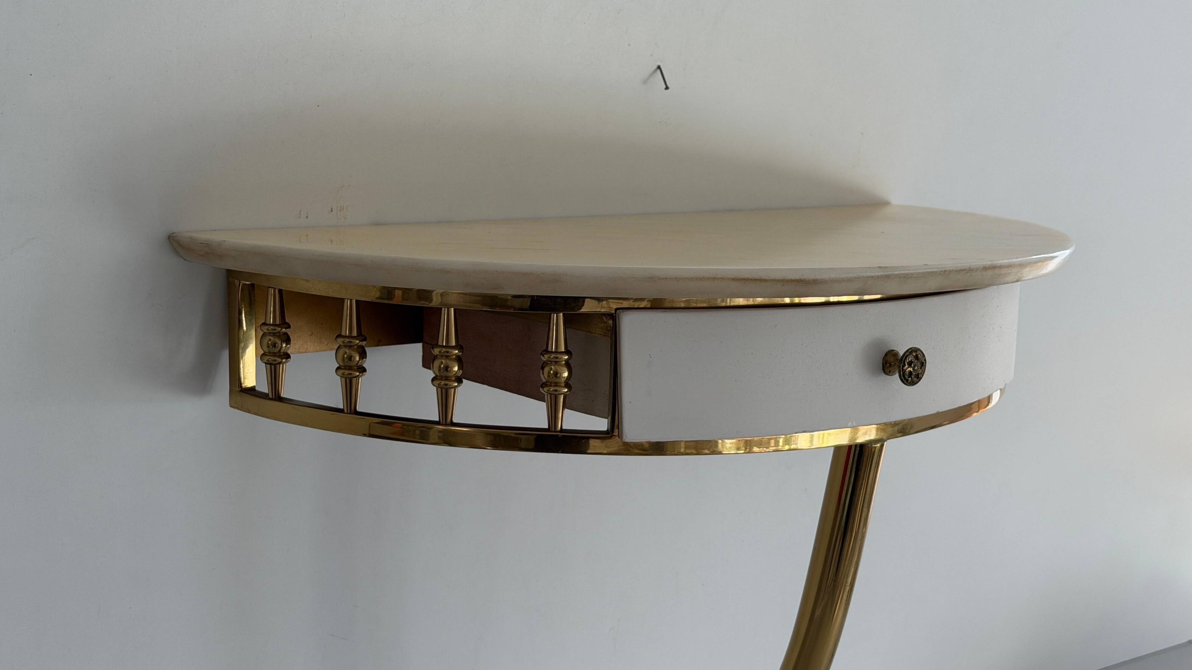 Floating wall console with drawer, brass body and marble top, 1960s, Italy