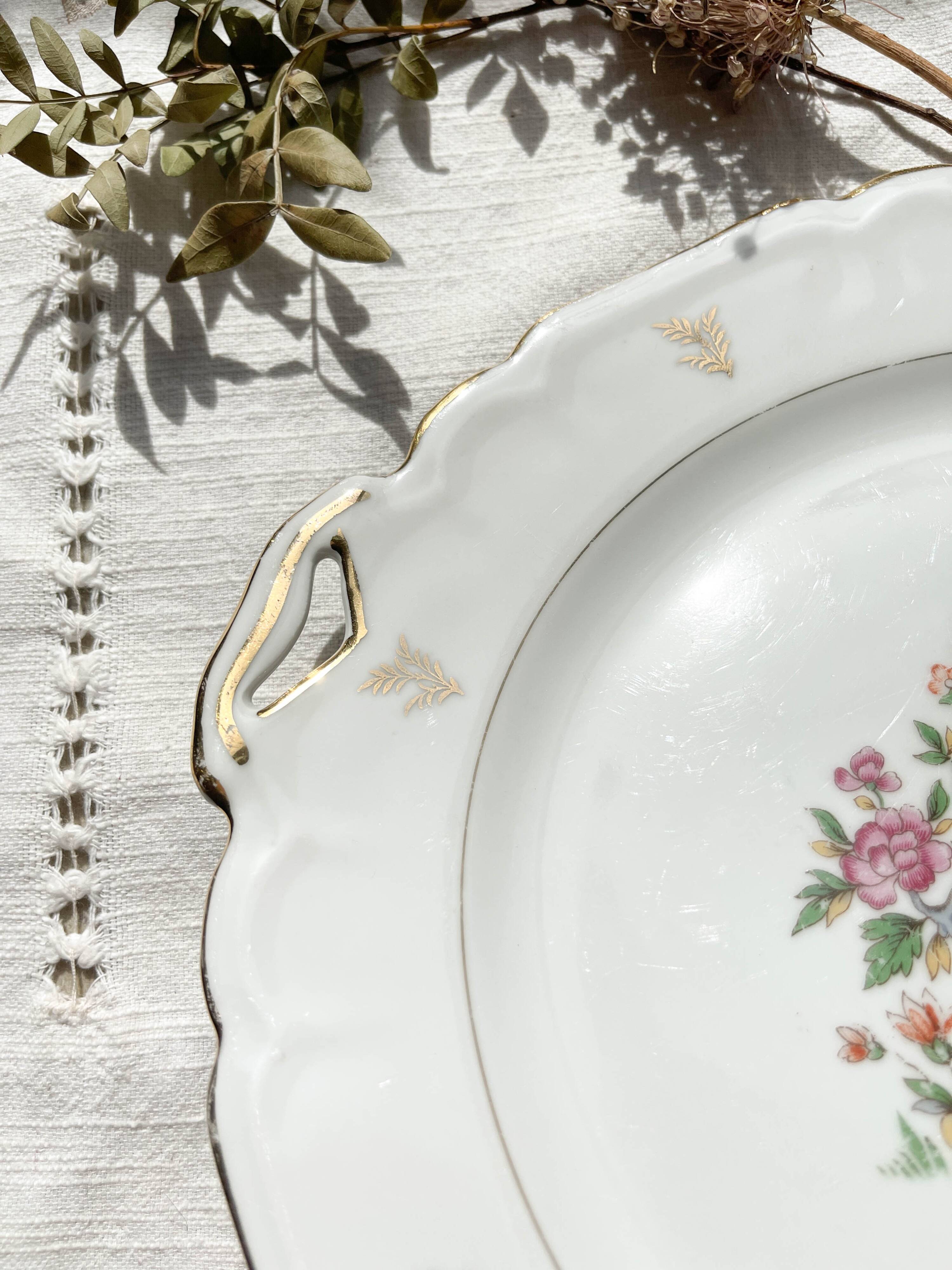 Vintage Limoges Berry porcelain cake dish with bird of paradise motif -