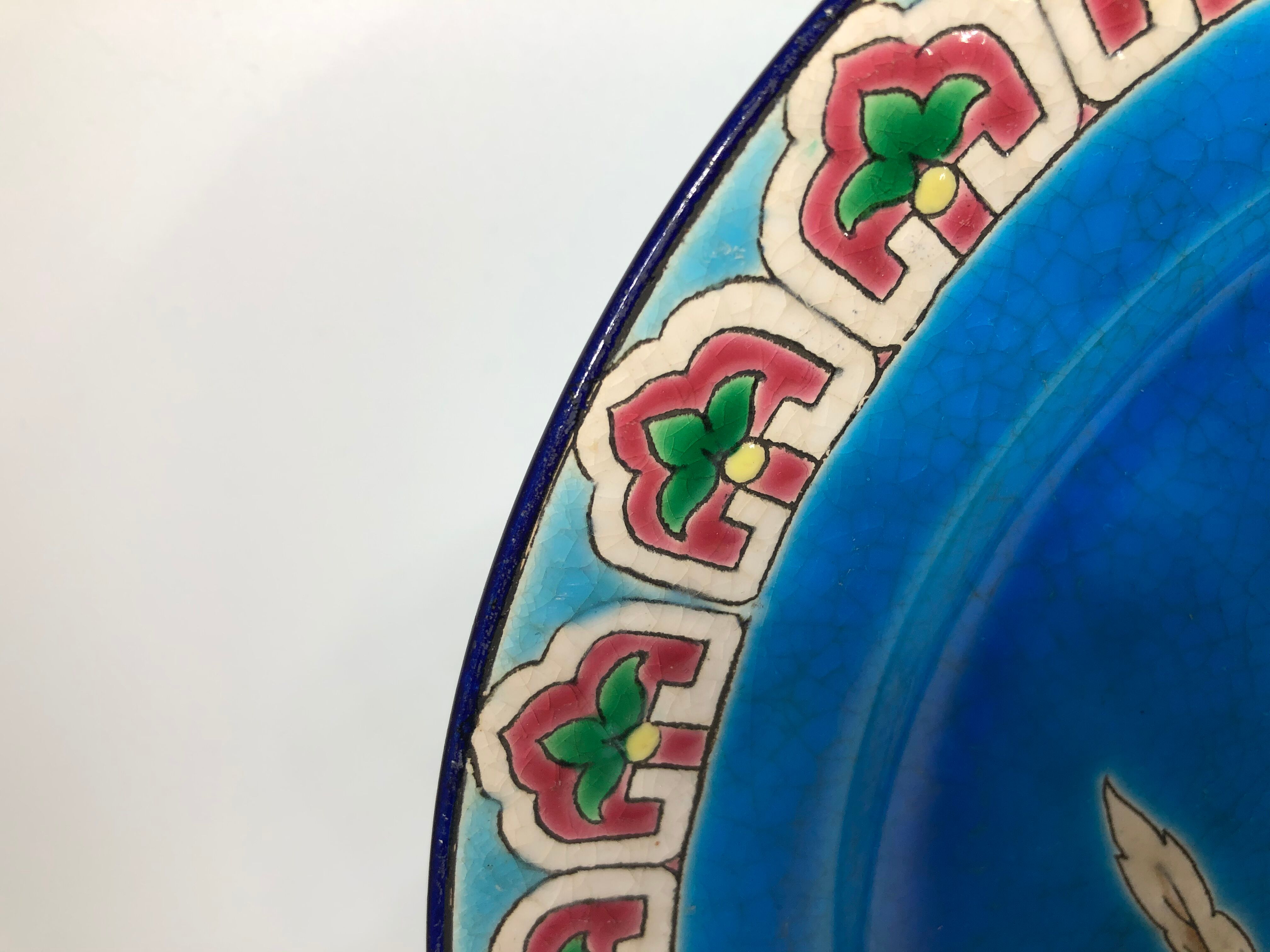 Longwy enamel blue plate bird and peony pattern