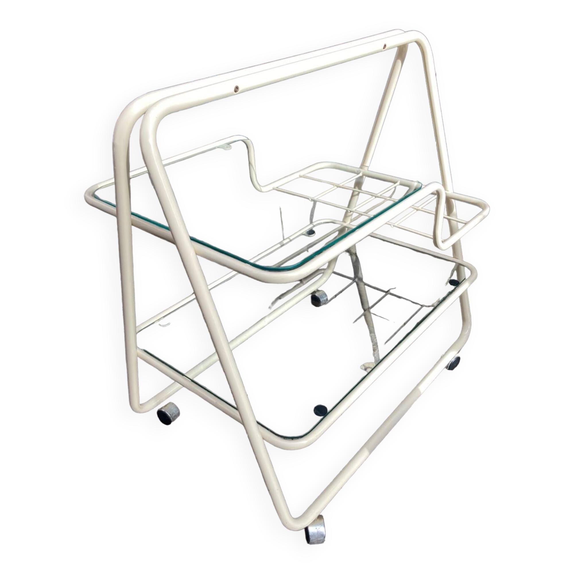 70s rolling trolley in glass and cream metal