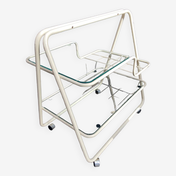 70s rolling trolley in glass and cream metal