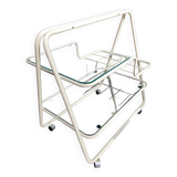 70s rolling trolley in glass and cream metal