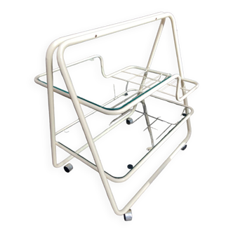 70s rolling trolley in glass and cream metal