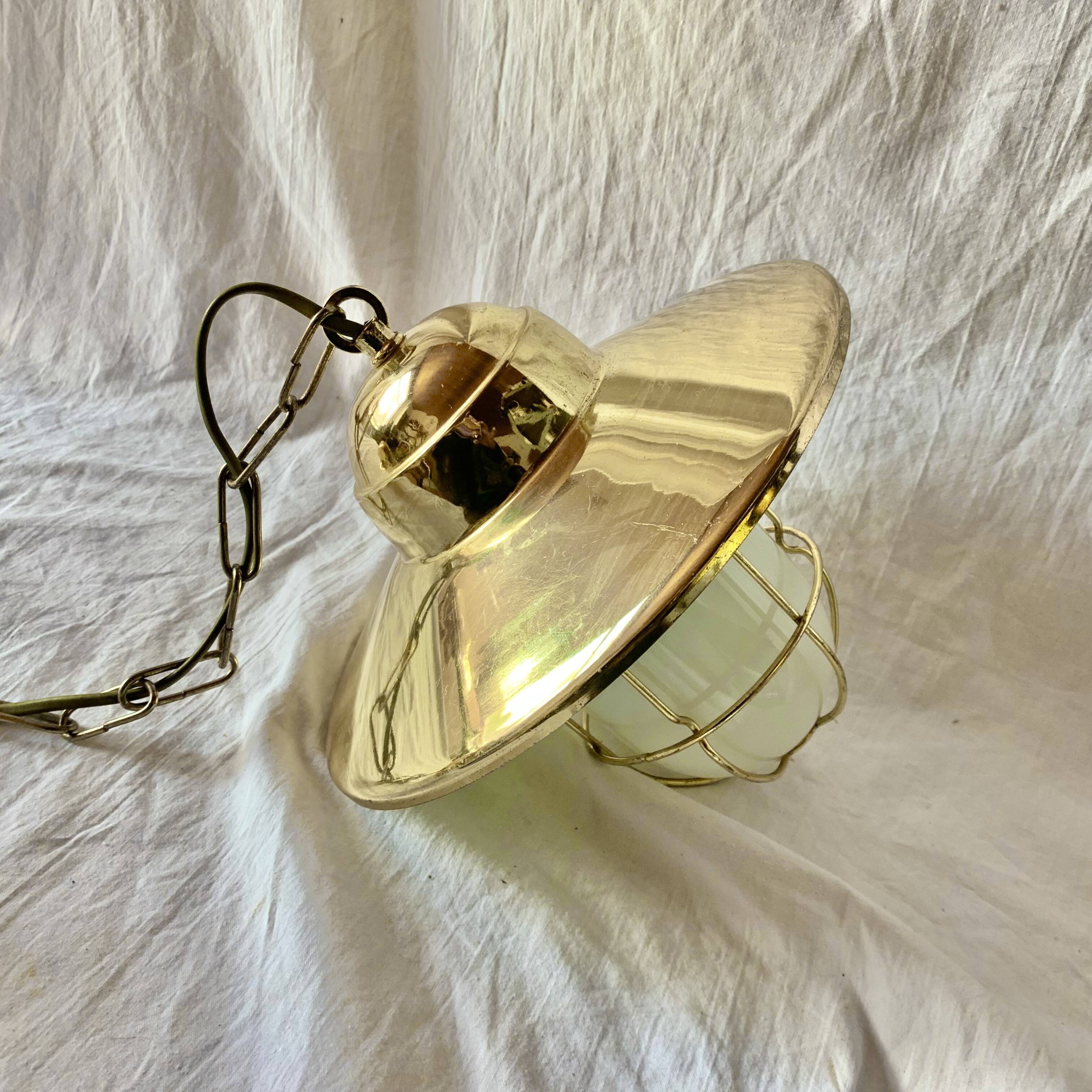 Vintage pendant light in gold metal and white opaline