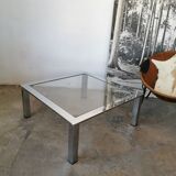 Table basse chrome et verre, design années 70