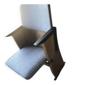 Mid-century grey cinema armchair in beech and fabric — Hungarian seat from the 1950s