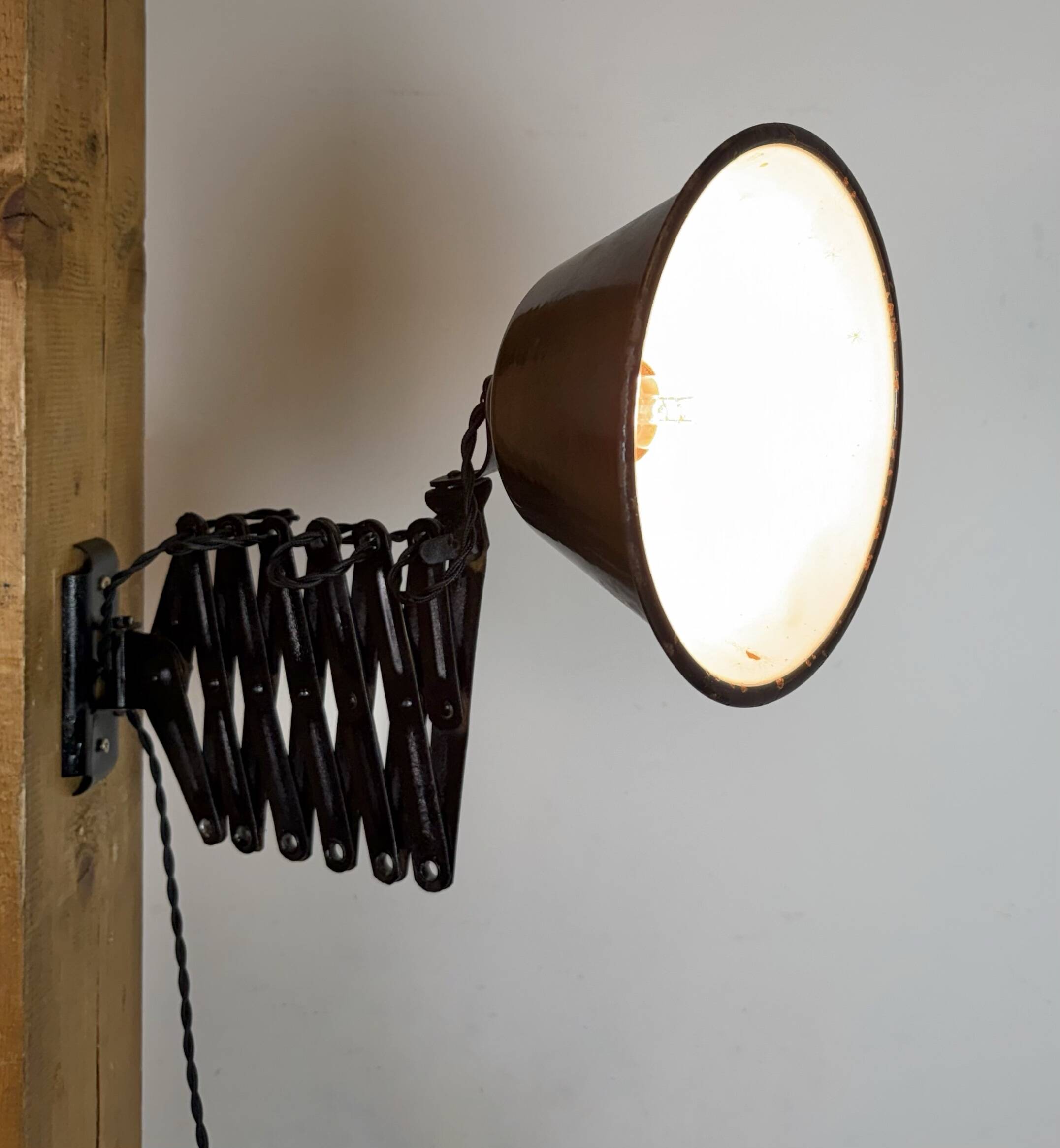 Industrial Black Enamel Scissor Wall Lamp, 1930s