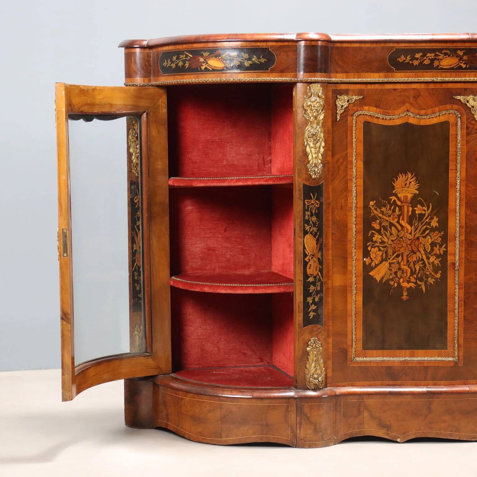 Antique cabinet in various types of wood, United Kingdom, 19th century.