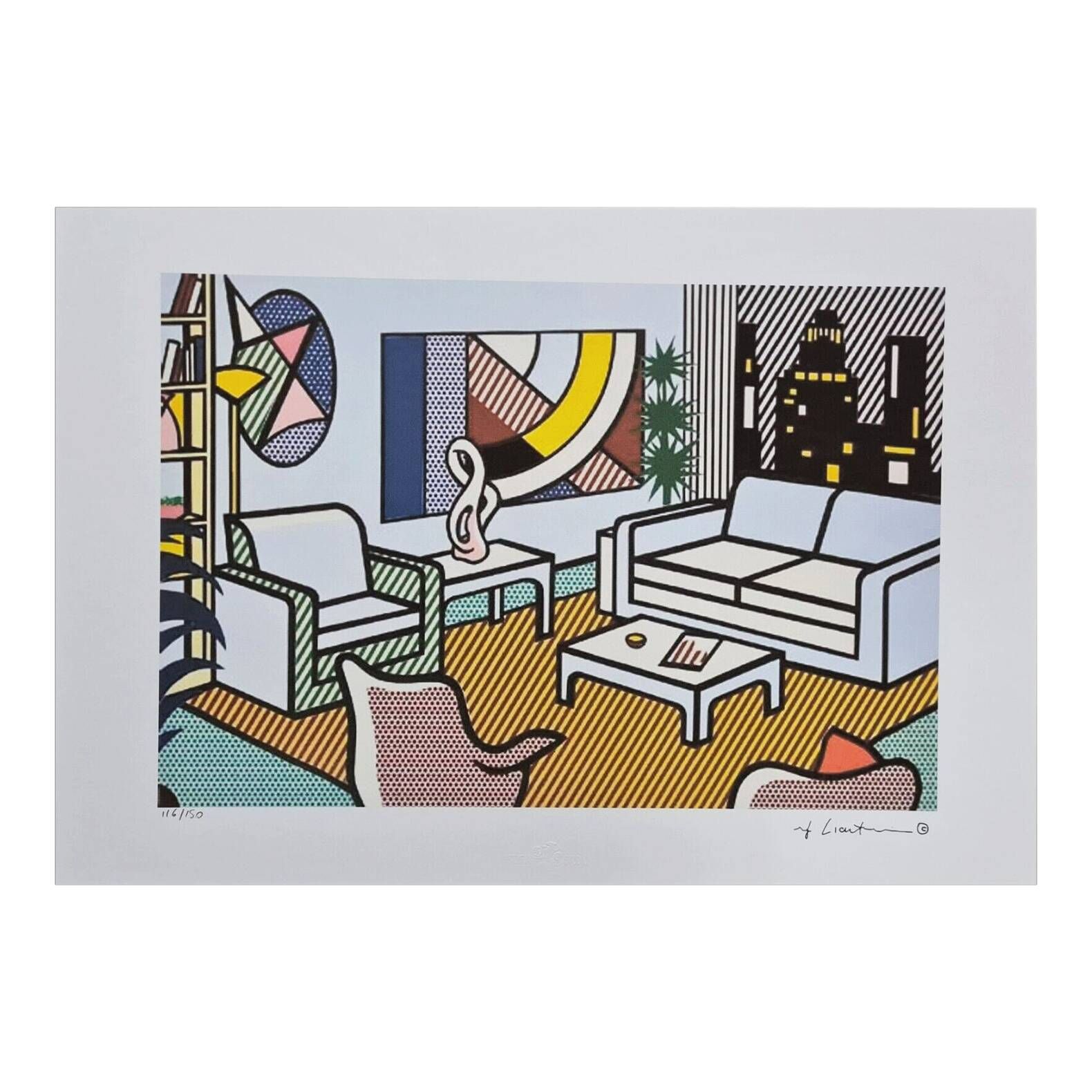 1980s Original Roy Lichtenstein "Interior With Skyline" Limited Edition Lithograph