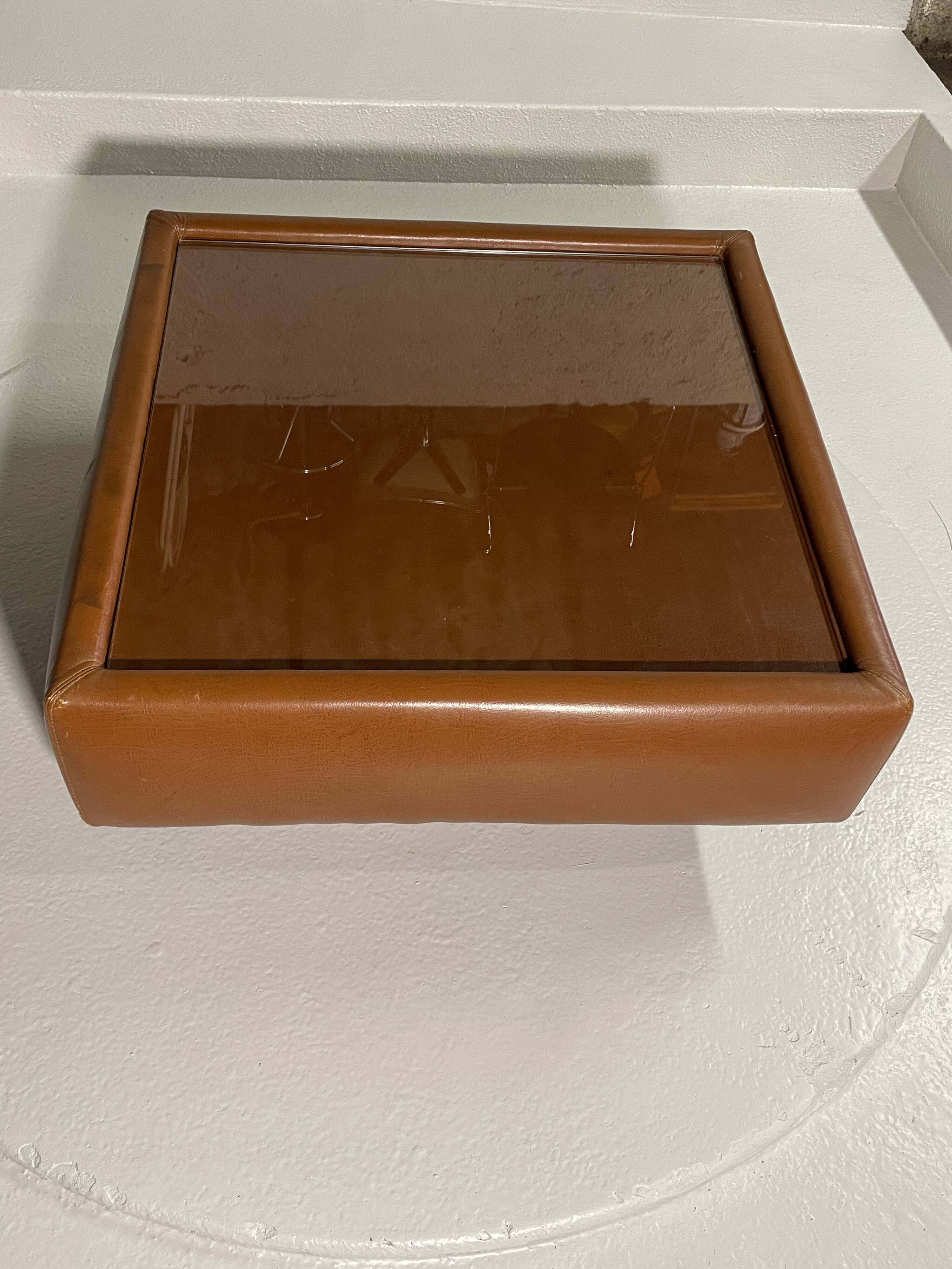Cognac faux leather & glass coffee table