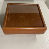 Table basse simili cuir cognac & verre
