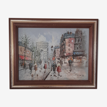 Painting on canvas, signed p. Gillette - Paris, Arc de Triomphe - Street after the rain