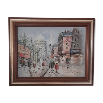 Painting on canvas, signed p. Gillette - Paris, Arc de Triomphe - Street after the rain