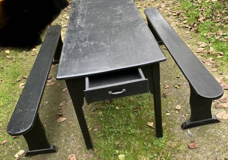Old painted farmhouse table and 2 shabby chic benches