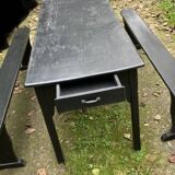 Old painted farmhouse table and 2 shabby chic benches