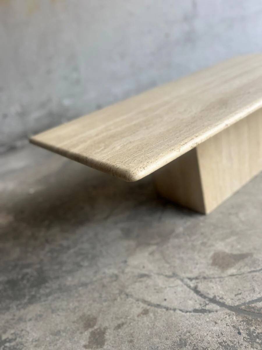 Light beige travertine Italian minimalist coffee table, solid natural stone 1980s