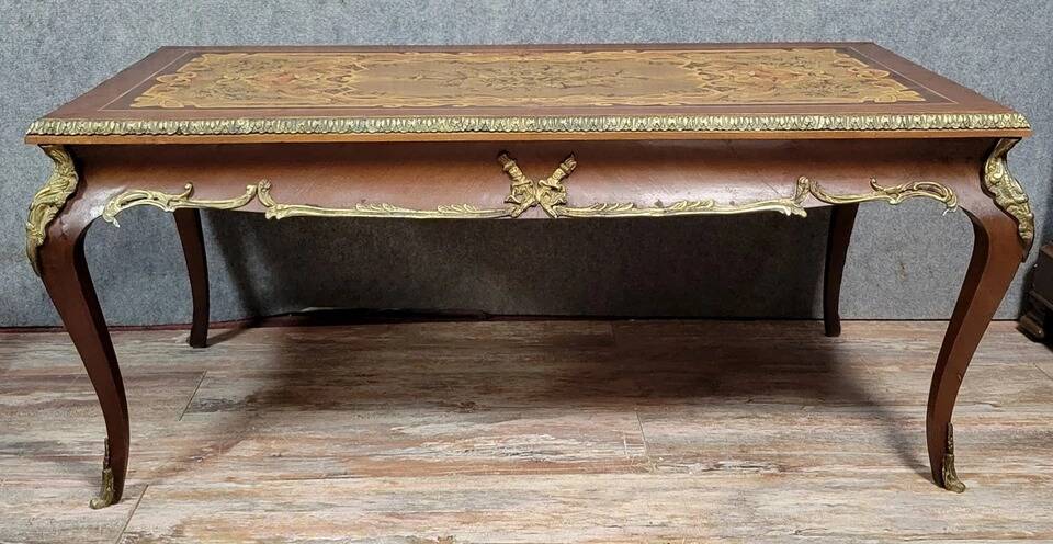 Louis XV style coffee table in marquetry and patinated bronzes circa 1950