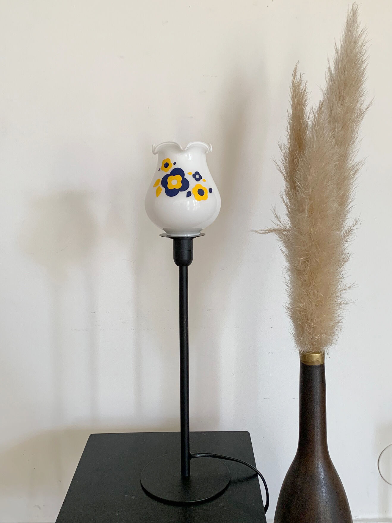 Table lamp with old white glass globe, restyled, lily of the valley shape