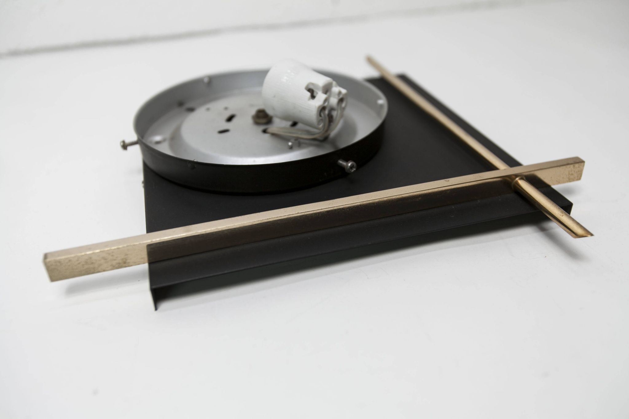 1960 wall light, black metal glass and gold brass rods
