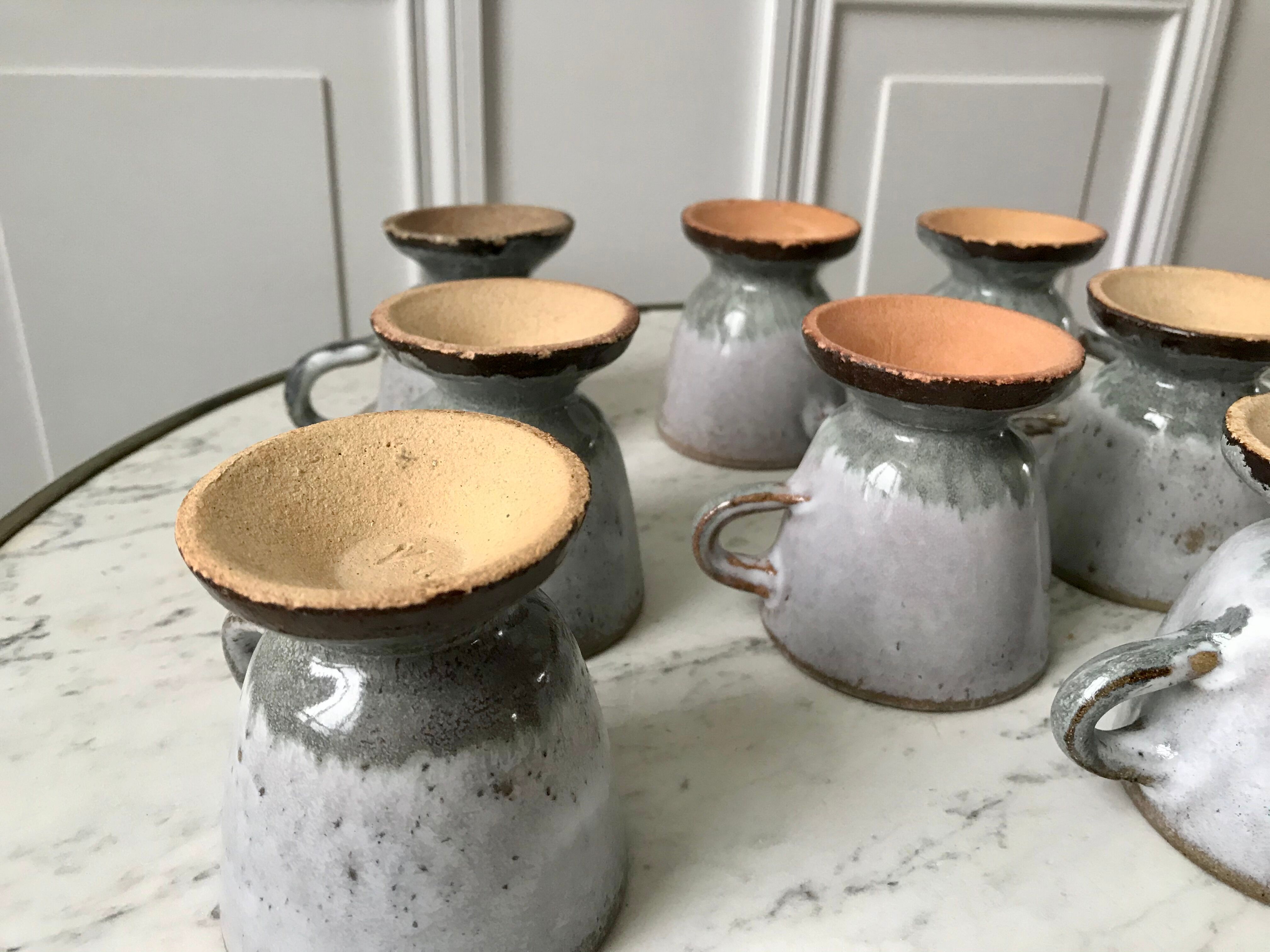 Set of 8 coffee cups, stoneware mazagrans handcrafted signed 70s