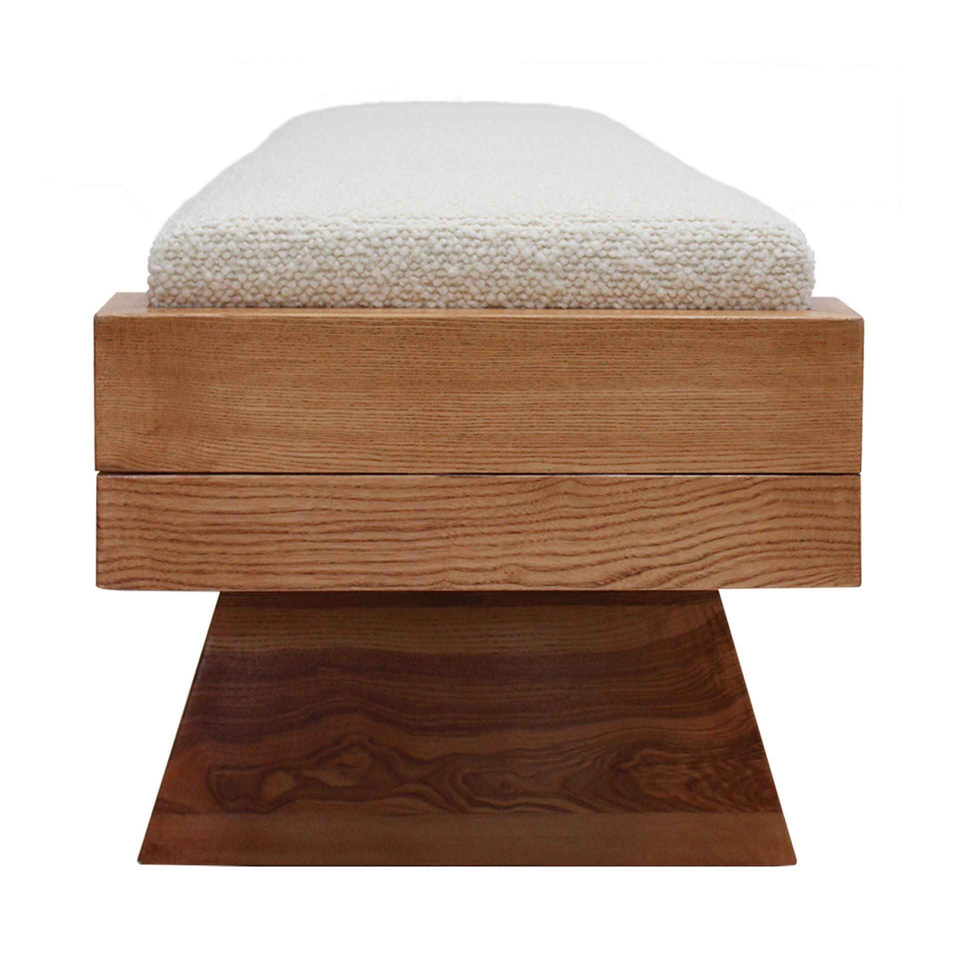 Brutalist Style Bench with Solid Oak Pyramid Bases and Ivory Bouclé Upholstery