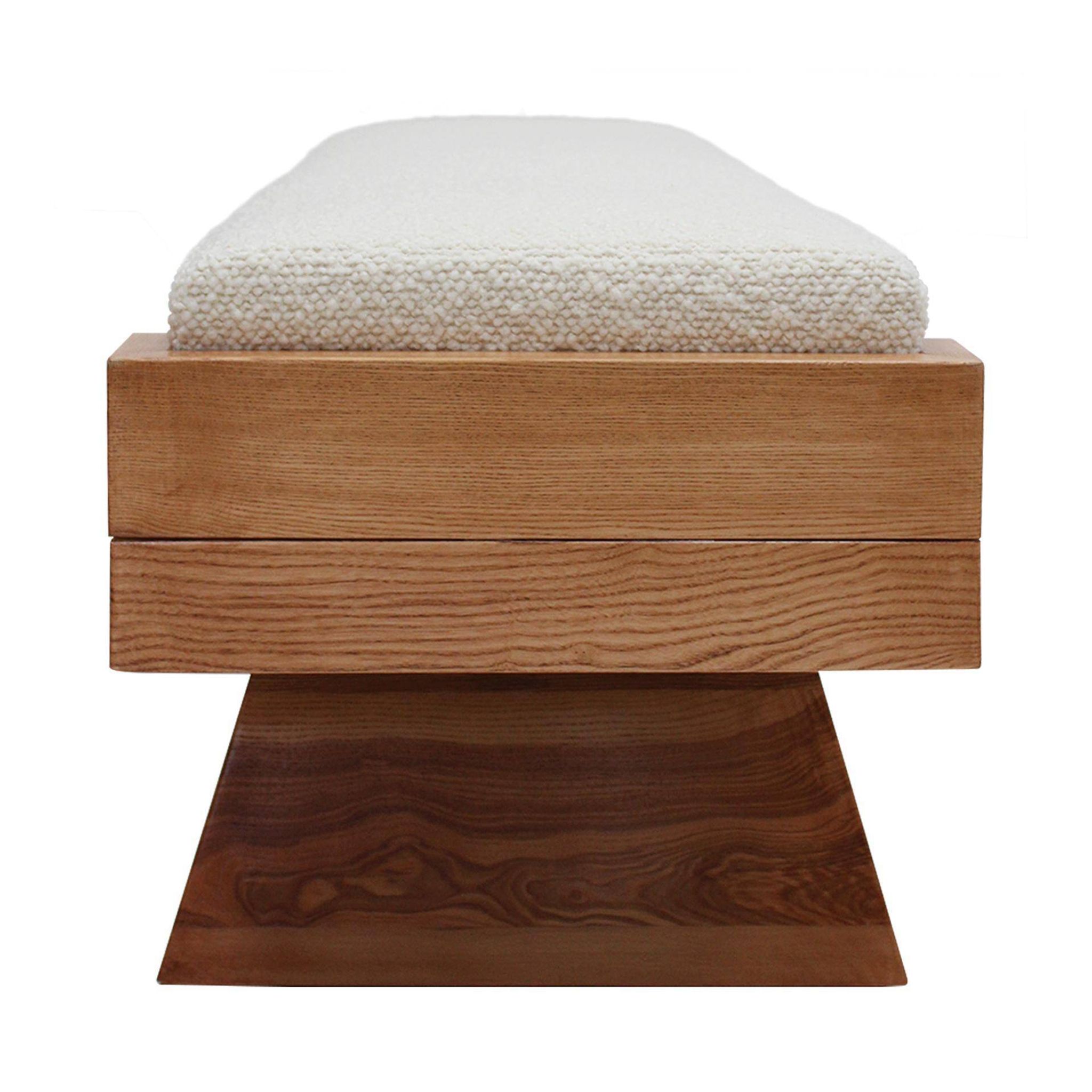 Brutalist Style Bench with Solid Oak Pyramid Bases and Ivory Bouclé Upholstery