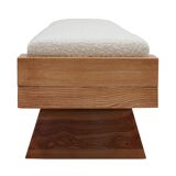 Brutalist Style Bench with Solid Oak Pyramid Bases and Ivory Bouclé Upholstery