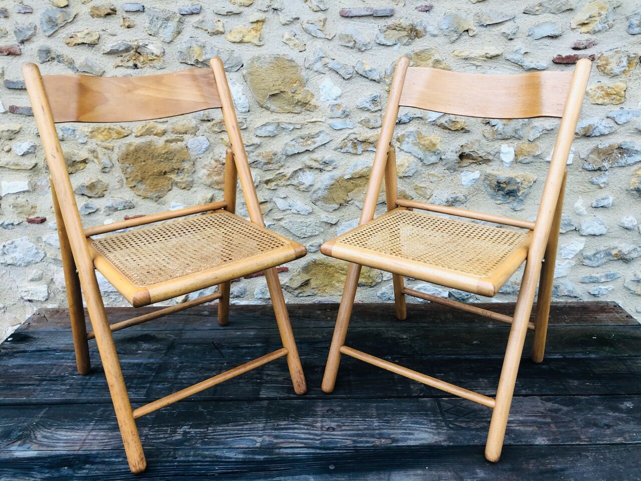 Set of 2 vintage folding chairs, rattan cane for Habitat, circa 70/80