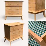 Vintage chest of drawers with compass feet, solid raw beech, 1960s
