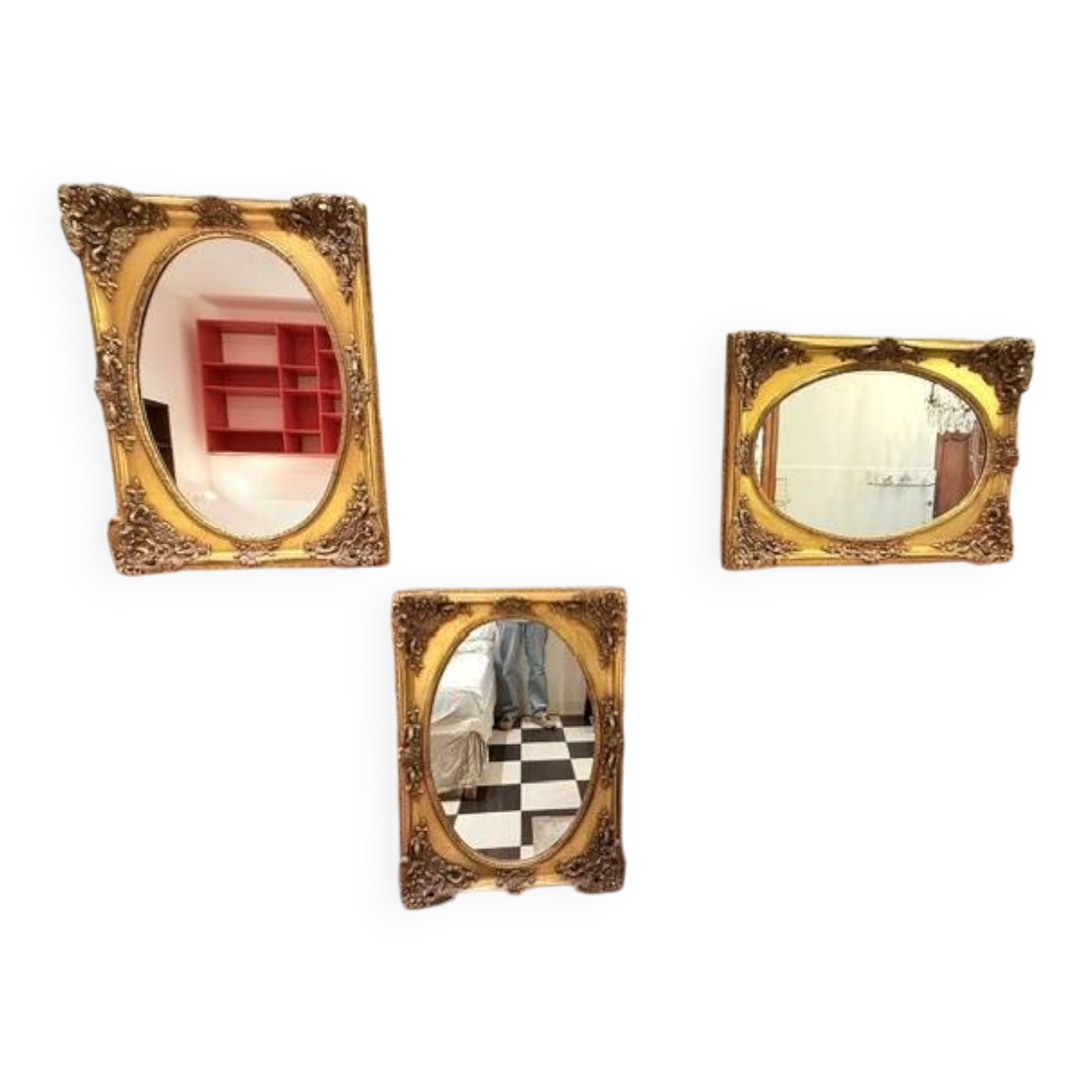 3 large oval mirrors, 19th century style, gilded with square frames and beautiful moulding.