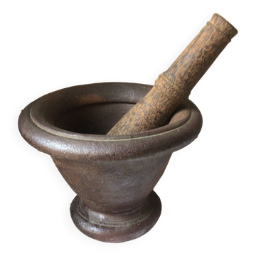 Cast iron mortar and wooden pestle