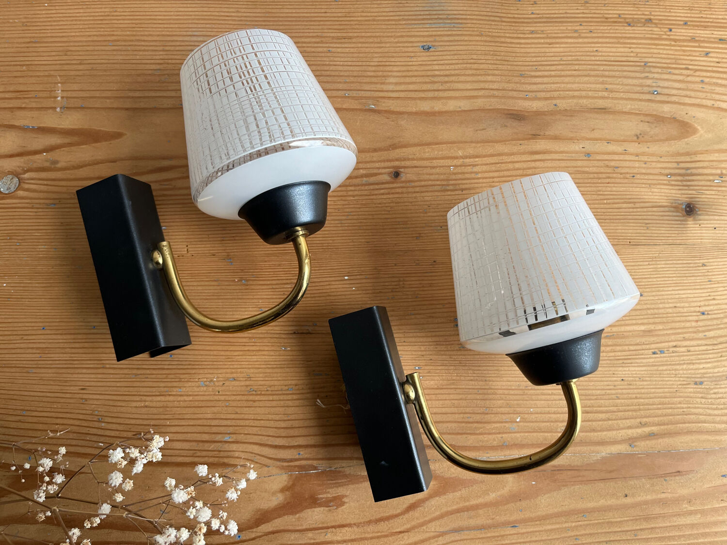 Pair of vintage glass/metal wall lights / circa 1950s 1960s