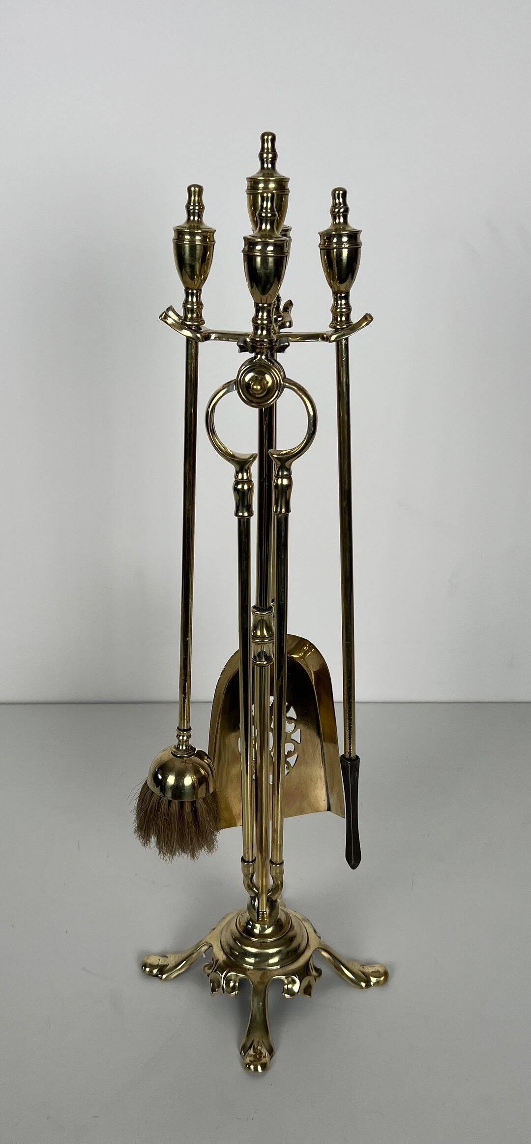 Neoclassical Polished Brass Fire Set with Ring Tools