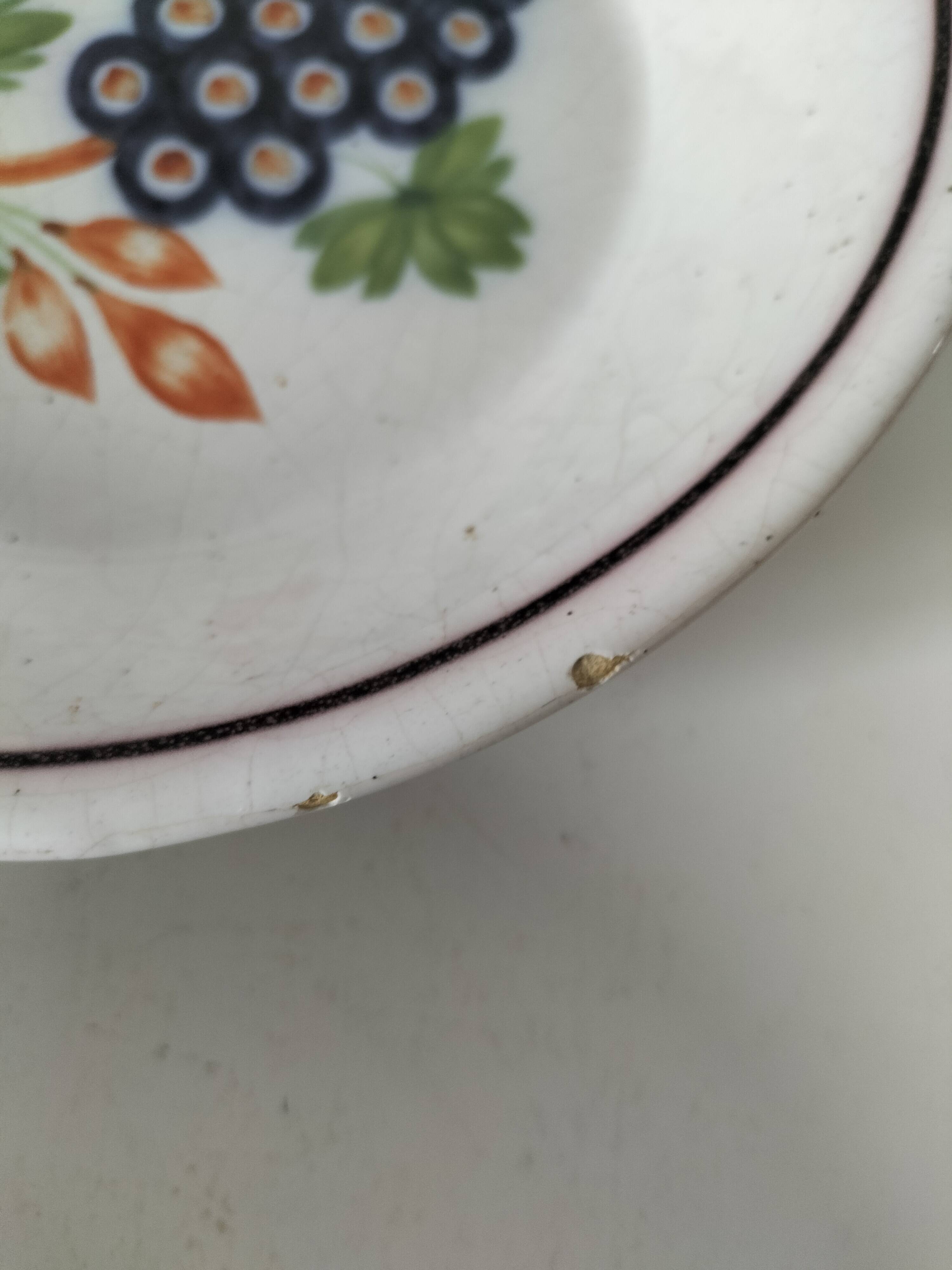 Pair of antique soup plates with hand-painted grape decoration