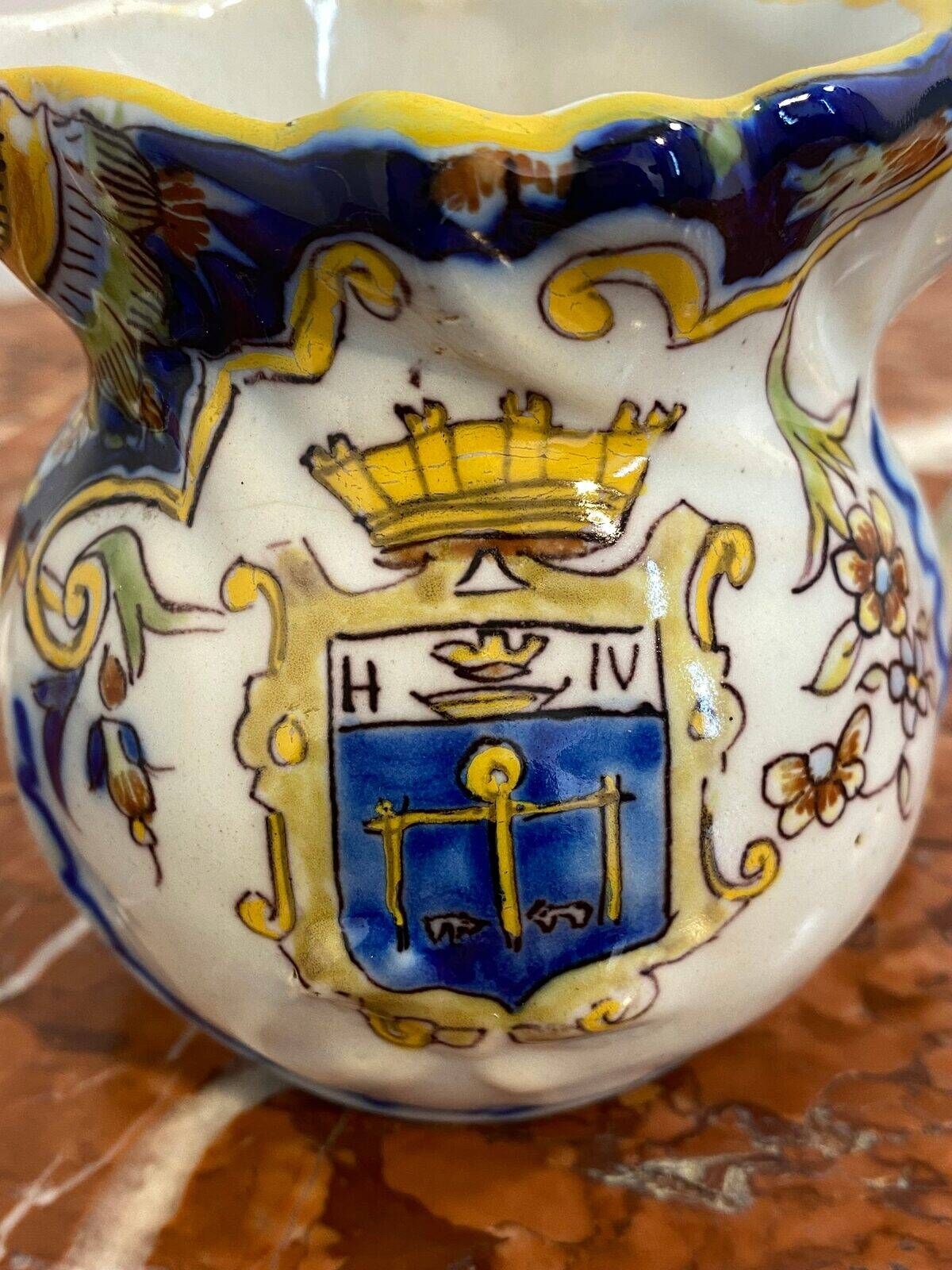 Small antique jug in faience from Les Sables d'Olonne, hand-painted.