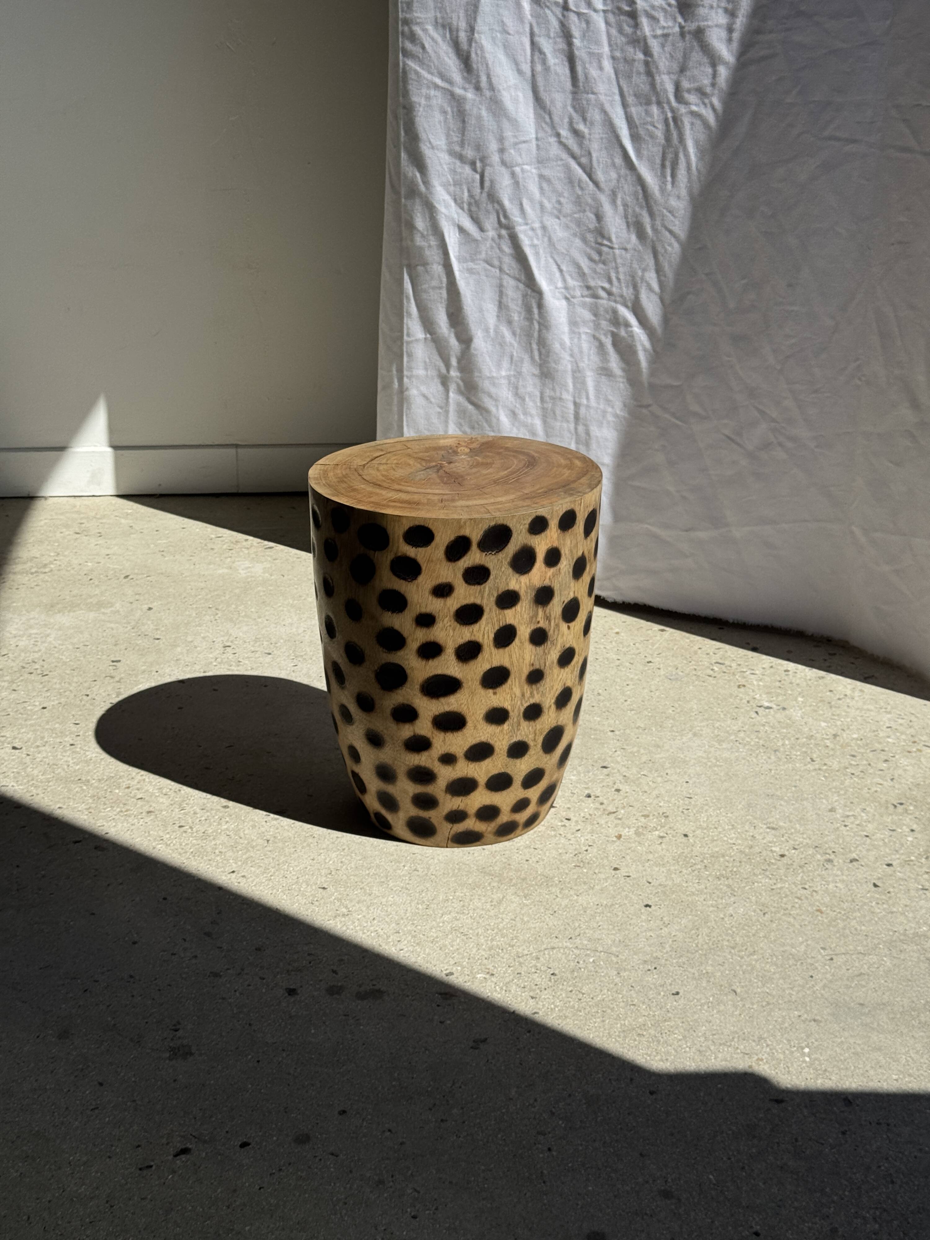Stool, side table, cylindrical solid mango wood end table.