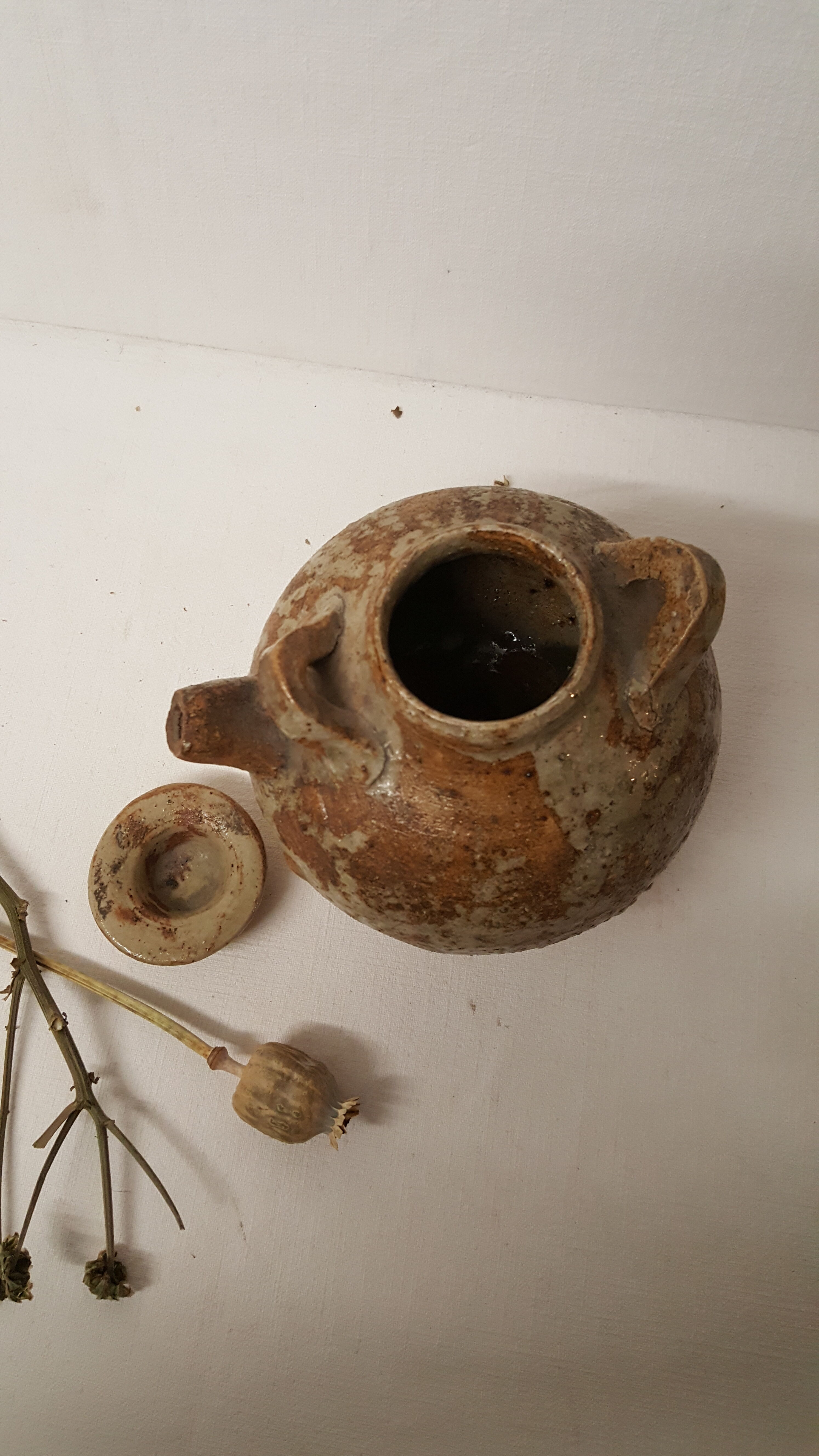 Pot with lid and double sandstone handle