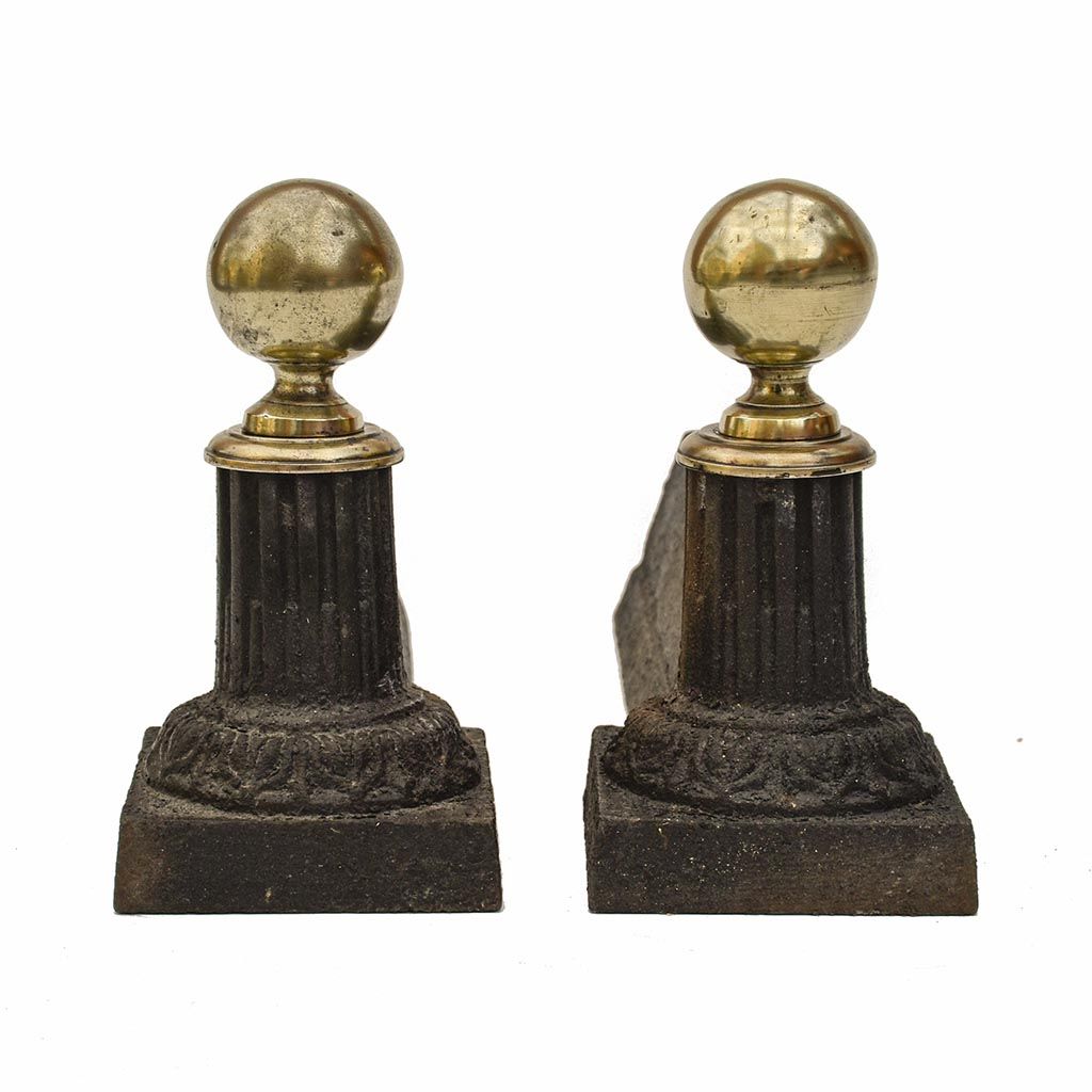 Pair of cast iron channels and brass ball 19th antique fireplace accessory