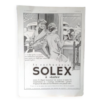 Une publicité papier voiture carburateur Solex issue revue d'époque année 1933